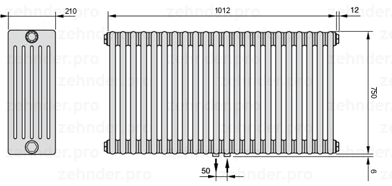 Схема (чертеж) Радиатор Zehnder Charleston 6075/22 №5410 Белый глянцевый RAL 9016
